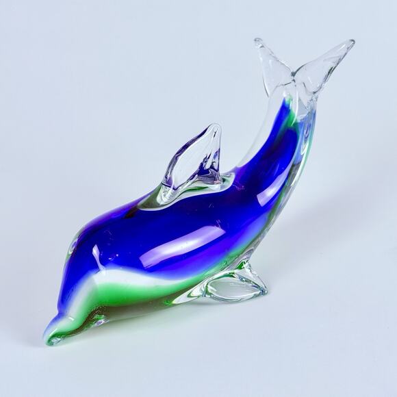 VTG Murano Style Sommerso Art Glass Dolphin Figurine Blue Green Paperweight 5” - Picture 3 of 10
